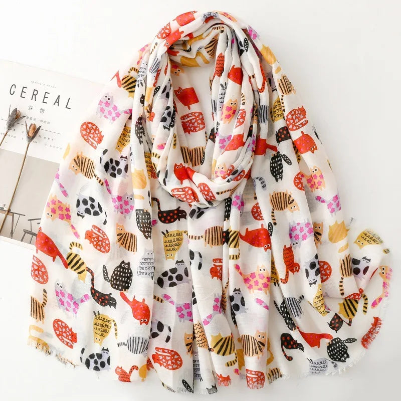 Cozy Dachshund Dog Cat Pattern Viscose Shawl for Women - 180x90Cm Fringe Detail Breathable Thin Wrap Scarves Autumn/Winter Snood