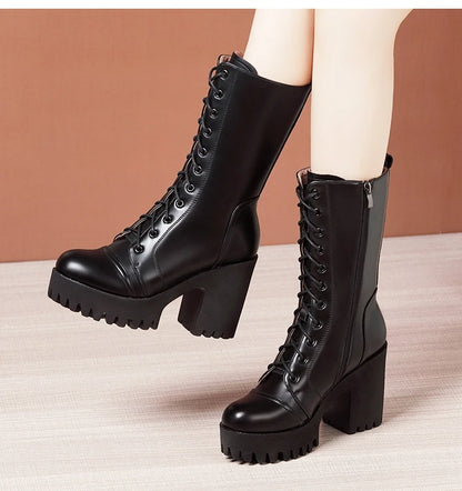10cm Small Size 32-43 Fall Winter Genuine Leather Boots Platform Shoes 2026 Womens Block High Heels Mid Leg Boots Office Model