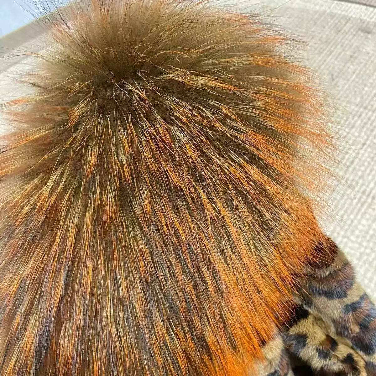 Women's Leopard Print Natural Mink Fur Coat with Big Raccoon Fur Collar Warm Winter Jacket for Cold Weather
