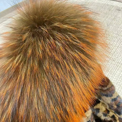 Women's Leopard Print Natural Mink Fur Coat with Big Raccoon Fur Collar Warm Winter Jacket for Cold Weather