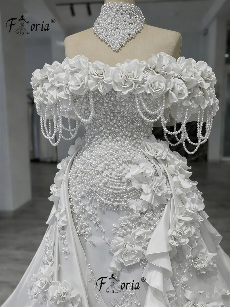 Luxury White Pearls Wedding Dresses With Detachable Train Beads Flowers Mermaid Formal Party Gowns Customized Vestidos de Gala