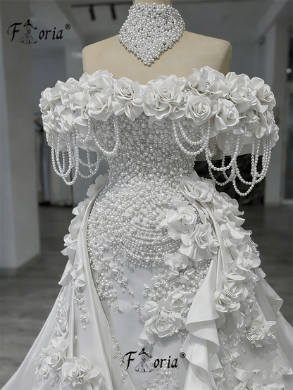 Luxury White Pearls Wedding Dresses With Detachable Train Beads Flowers Mermaid Formal Party Gowns Customized Vestidos de Gala