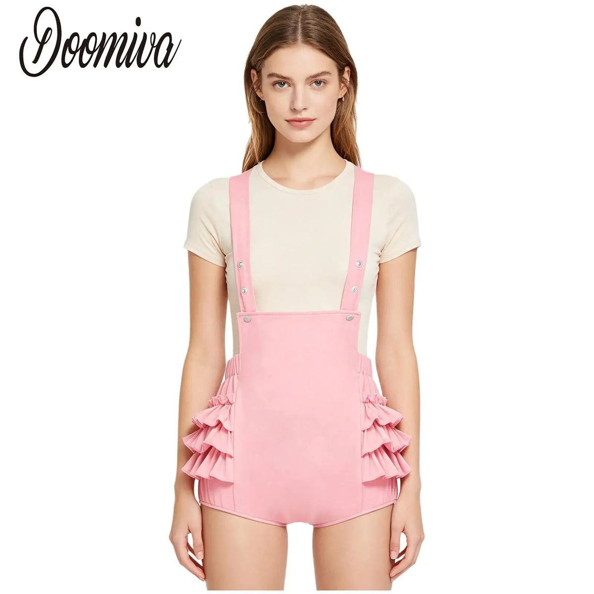 Women Ruffled Skinny Shorts Overalls Rave Dance Party Streetwear Elastic Waistband Adjustable Strap Suspender Short Bib Rompers