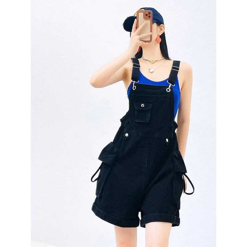 Red Denim Overalls for Women Summer Adjustable Straps Loose Wide Leg Shorts Solid Color Casual Streetwear Short Rompers