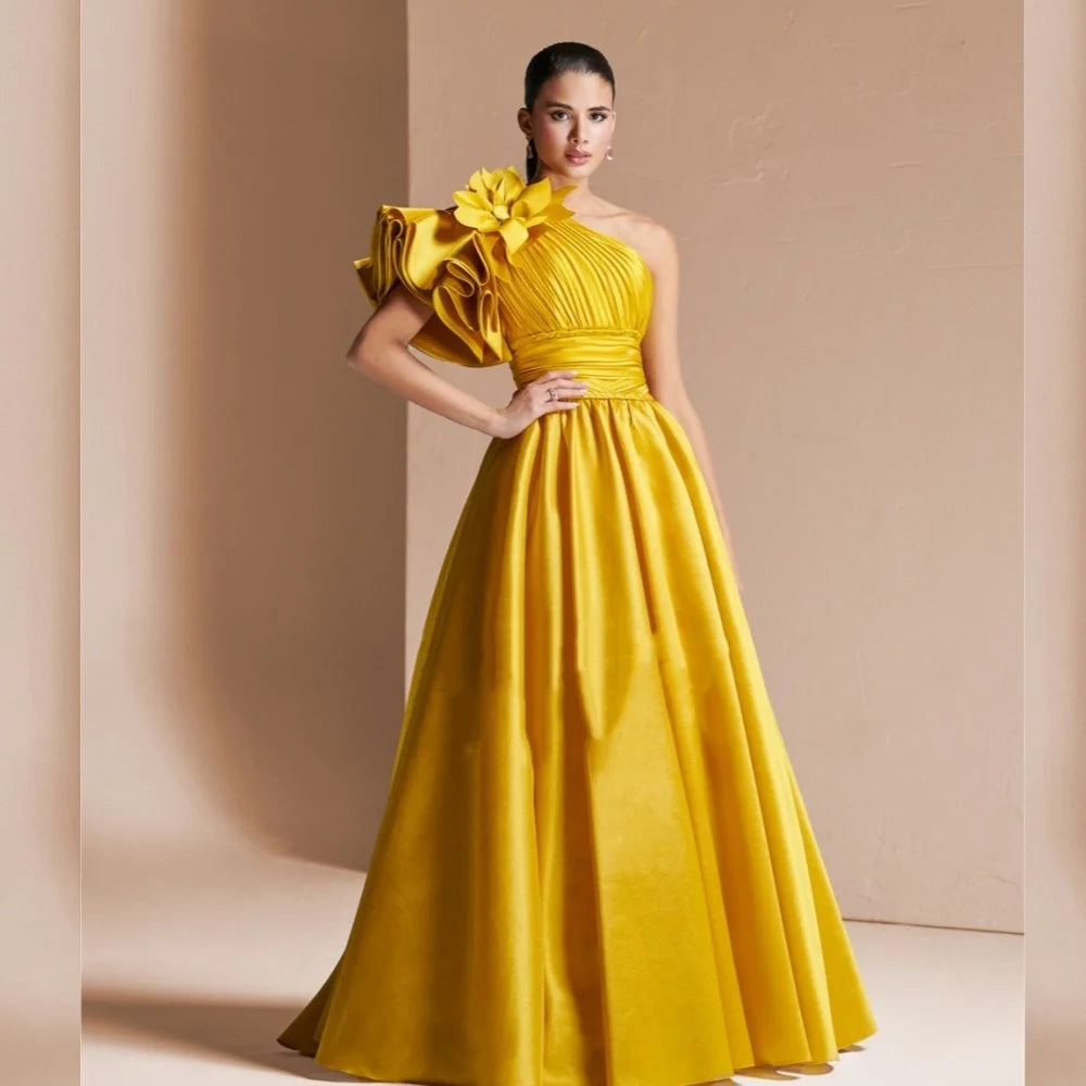 Customized Formal Modern Style Pleat Draped Handmade Flower Ruched A-line One-shoulder Long Dresses Evening Dresses Exquisite