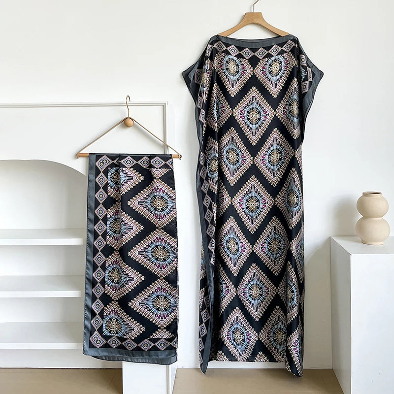 Fashion Summer Kaftan Dress for Women with Big Scarf Loose Abaya Muslim Casual Print Shawl Robe African Style Dubai Turkey