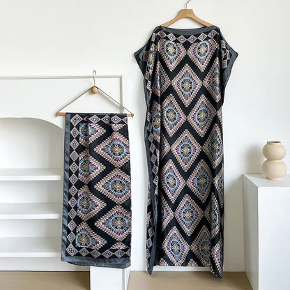 Fashion Summer Kaftan Dress for Women with Big Scarf Loose Abaya Muslim Casual Print Shawl Robe African Style Dubai Turkey