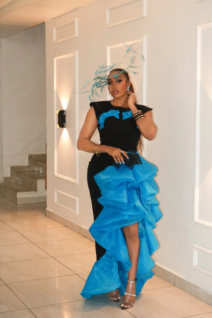 Black Blue Prom Dress Long Layered Organza Evening Gowns Straight Elegance Draped Party Dress Side Split