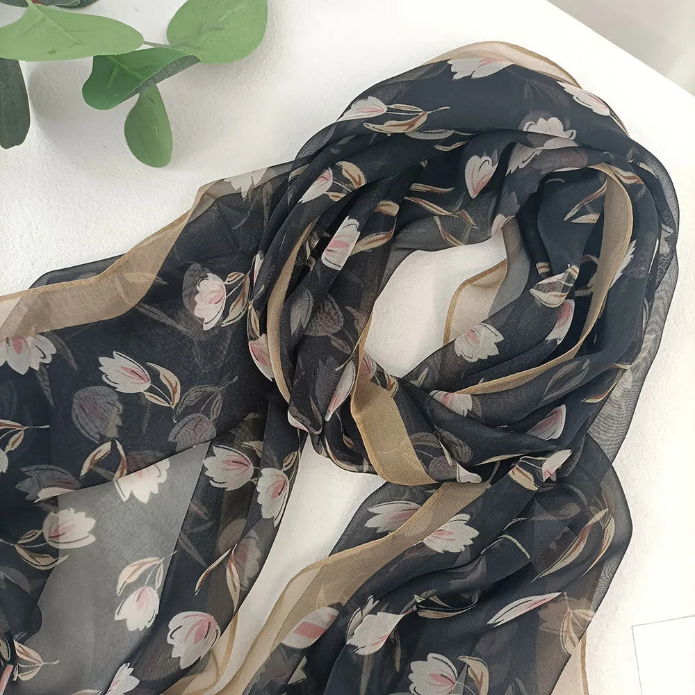 Magnolia Flower Print Women Elegant Chiffon Georgette Bandana Scarf Summer Beach Sunscreen Thin Hijab Headband Shawl