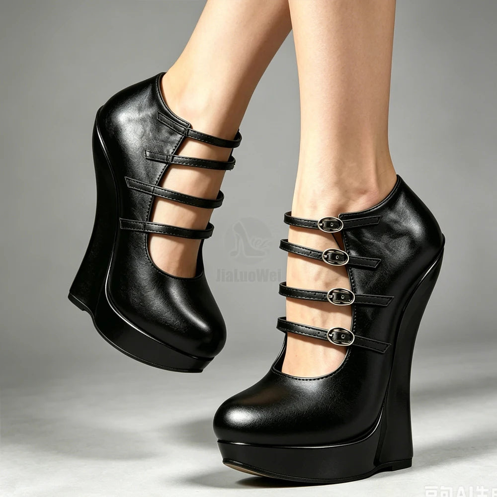 Blue PU Leather 6 Inch Wedge Sandals Women Sexy Multi Strap Buckle High Heel Platform Pumps Gothic Fetish Plus Size Shoe