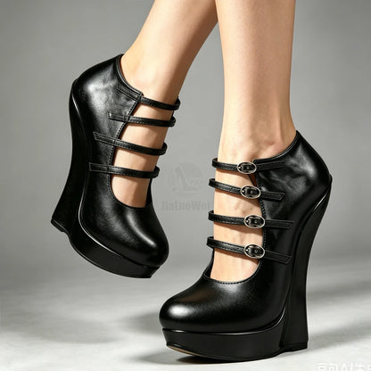 Blue PU Leather 6 Inch Wedge Sandals Women Sexy Multi Strap Buckle High Heel Platform Pumps Gothic Fetish Plus Size Shoe