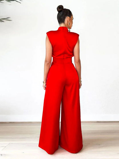 Women's Jumpsuit 2024 Spring Summer New Elegant Wide Leg Pants Bodysuit High Collar Sleeveless Jumpsuits for Women Full Length