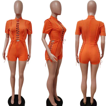 Wholesale Streetwear Jumpsuit Women 2023 One-pieces Outfits Rompers Summer Green Short Sleeve Bodycon Casual Bandage Playsuits