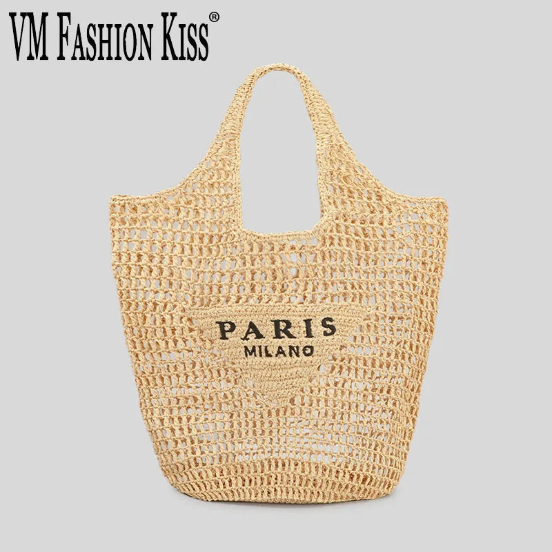 2024 Luxury Design Women Plaited Raffia Straw Bag Large Capacity Casual Tote Handbag Hollow Summer Beach Vacation Shoulder Bag