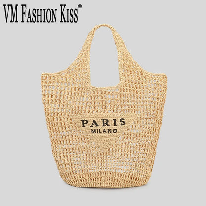2024 Luxury Design Women Plaited Raffia Straw Bag Large Capacity Casual Tote Handbag Hollow Summer Beach Vacation Shoulder Bag