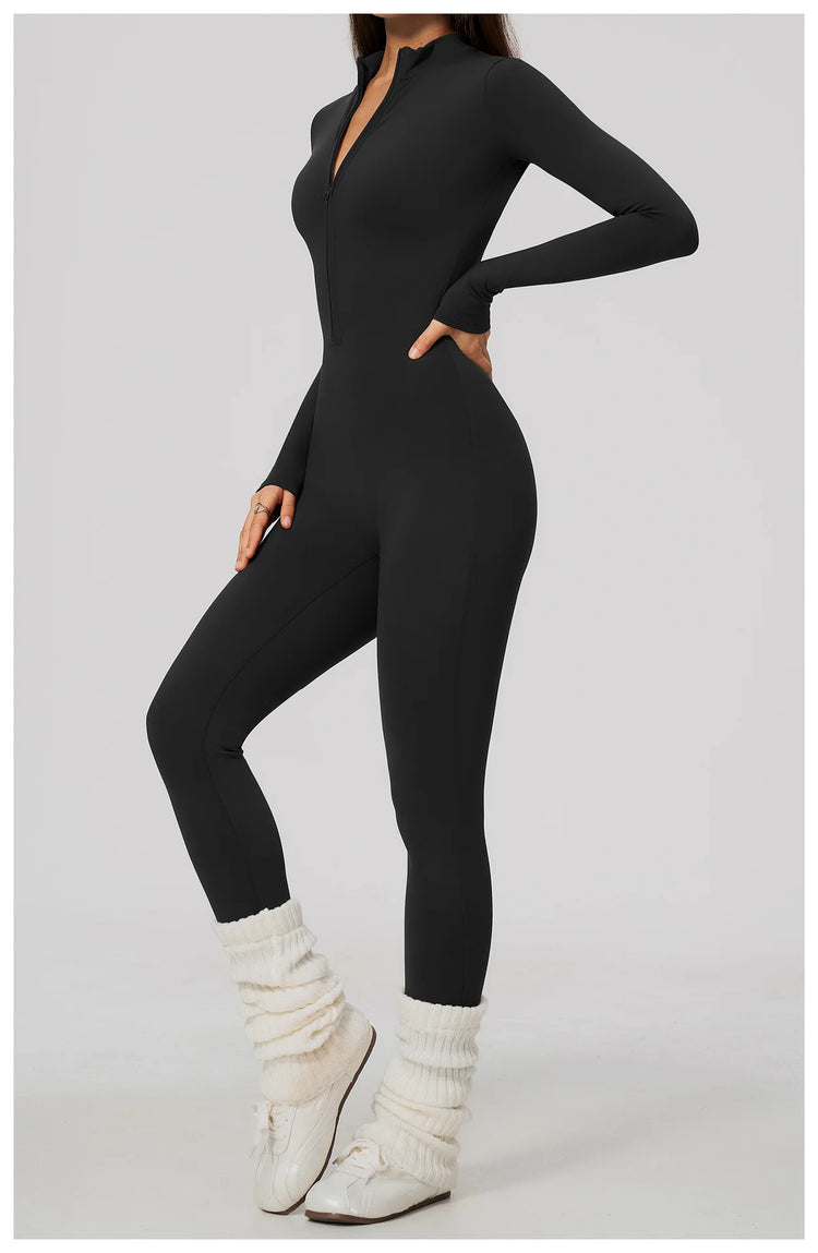 Winter Half Zip Yoga Bodysuit Women Long Sleeved Fitness Jumpsuit Sportswear Gym Clothes One-piece Running Workout Wear Rompers