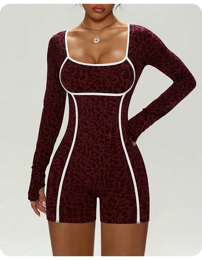Women's Leopard Print Long Sleeve Yoga Jumpsuit Slim Fit One Piece Workout Romper Shorts Athletic Fitness Bodysuit