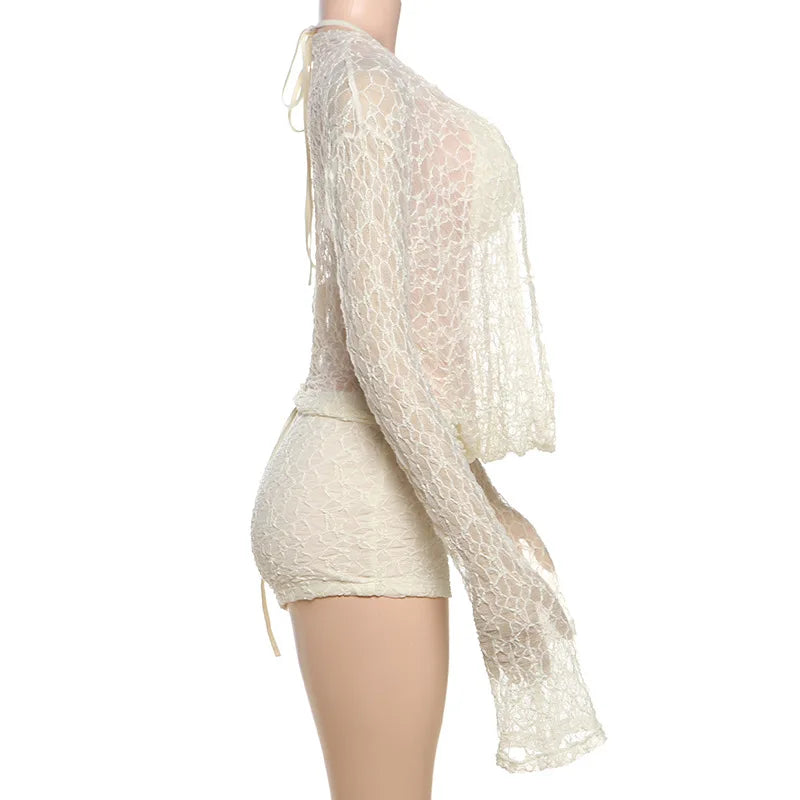 Cryptographic Fashion Halter Draped 3 Piece Sets Beach Outfits Hollow Out Lace Up Bikini Shorts Long Sleeve Co-ords Sets Suits