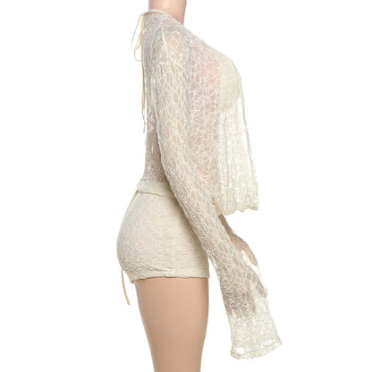 Cryptographic Fashion Halter Draped 3 Piece Sets Beach Outfits Hollow Out Lace Up Bikini Shorts Long Sleeve Co-ords Sets Suits