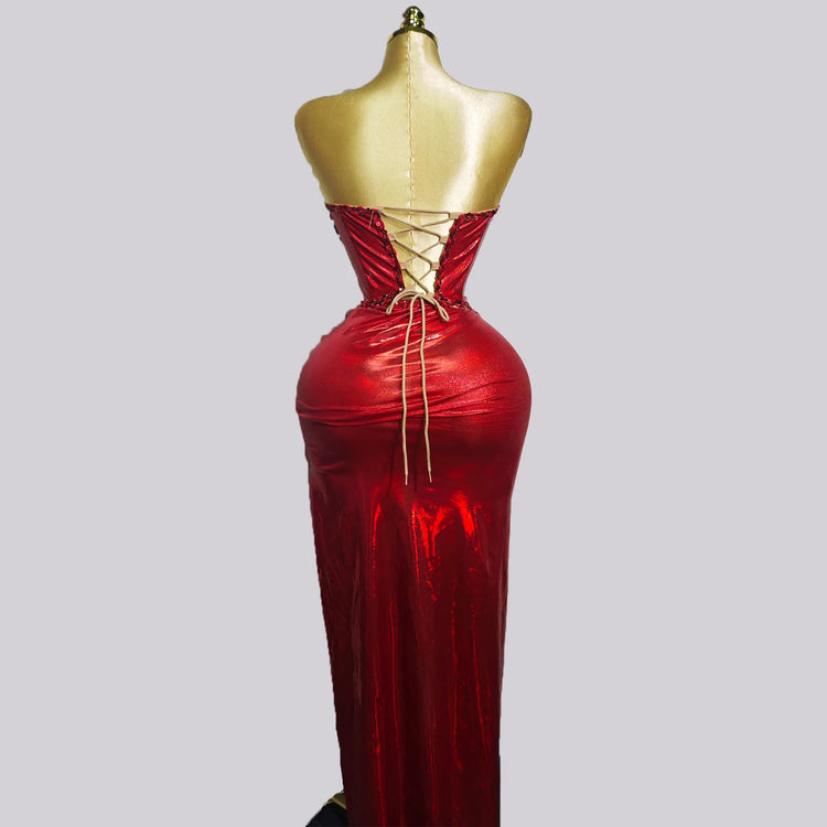 Woman Performance Suit Sexy Pink Backless Strapless Rhinestones Dress Event Costume Dancewear Top And Skirt Birthday Drag Club