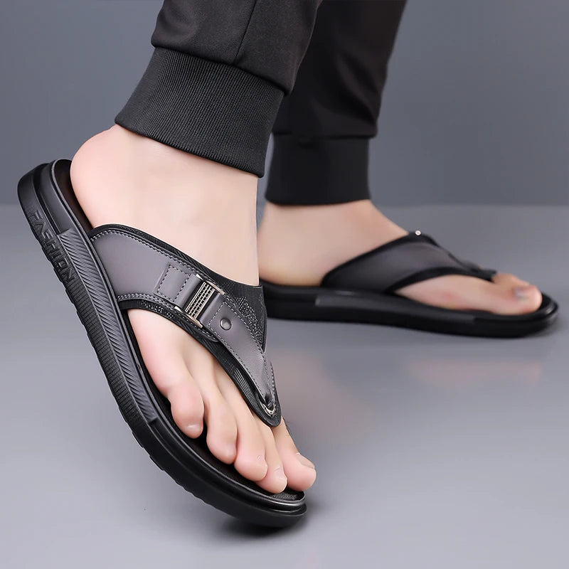 New Trend Men's Flip Flops Leather Beach Sandals Quick Dry Water Shoes Non Slip Summer Slippers Outdoor Slides Walking Sandalias