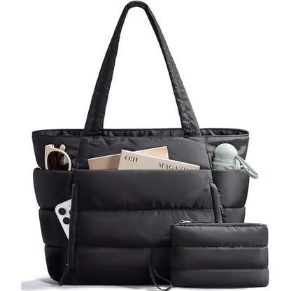 Large Capacity Puffer Tote Bag for Women Multiple Pockets with Coin Purse Commuting Bags Lightweight Water-resistant Mom Bag