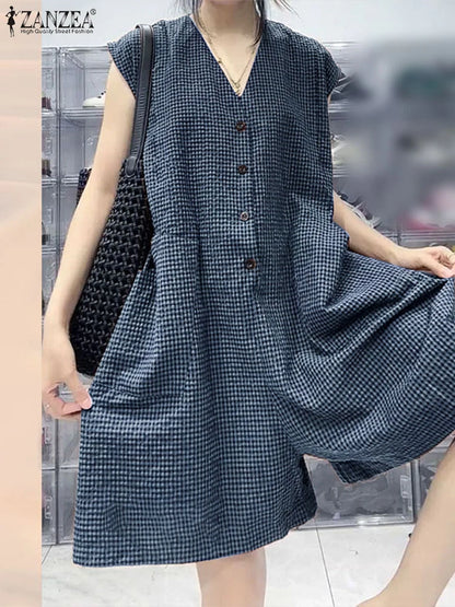 2025 ZANZEA Fashion Women Wide Leg Jumpsuits Summer Plaid Checked Overalls Pants Casual V Neck Sleeveless Work Rompers Oversize