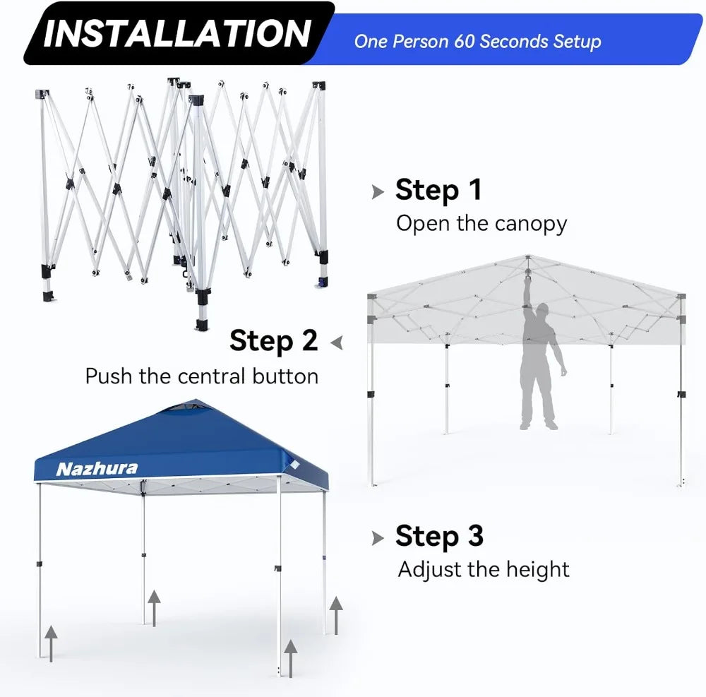 10x10 Pop Up Canopy Tent w/ Sand Bag, Sun Shelter for Camping, One Person Setup, Height Adjustable, Blue