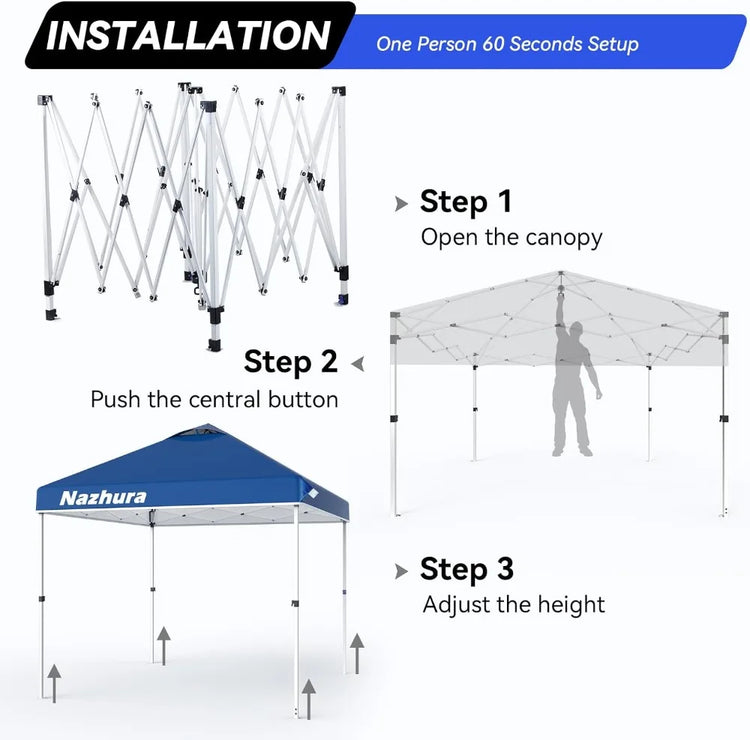 10x10 Pop Up Canopy Tent w/ Sand Bag, Sun Shelter for Camping, One Person Setup, Height Adjustable, Blue