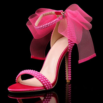 Summer New brand Fashion Bowknot Beading Women Gladiator Sandals Luxury Pearls White thin High heels Wedding Bridal Party Shoes