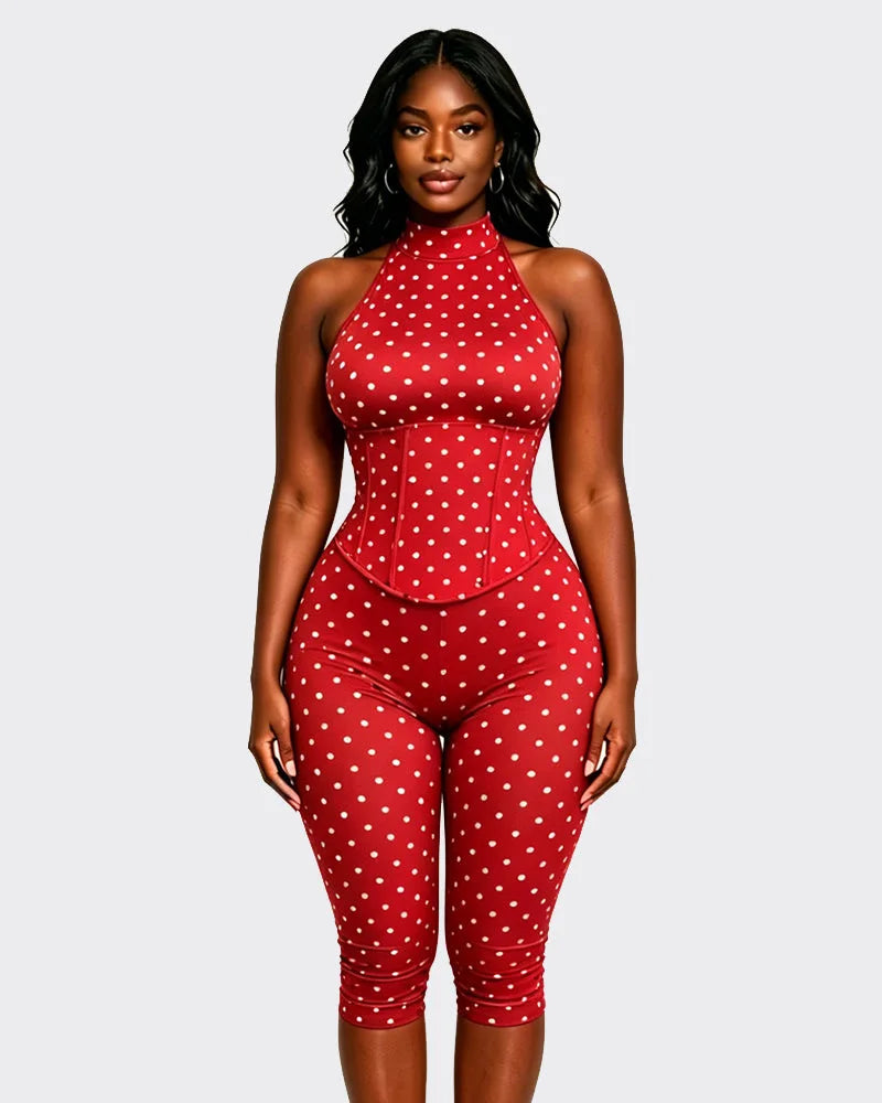 FAGADOER Cute Polka Dot Bodycon Rompers Hot Girl Streetwear Lace Up Bandage Corset Halter Jumpsuits Summer Night Club Playsuits