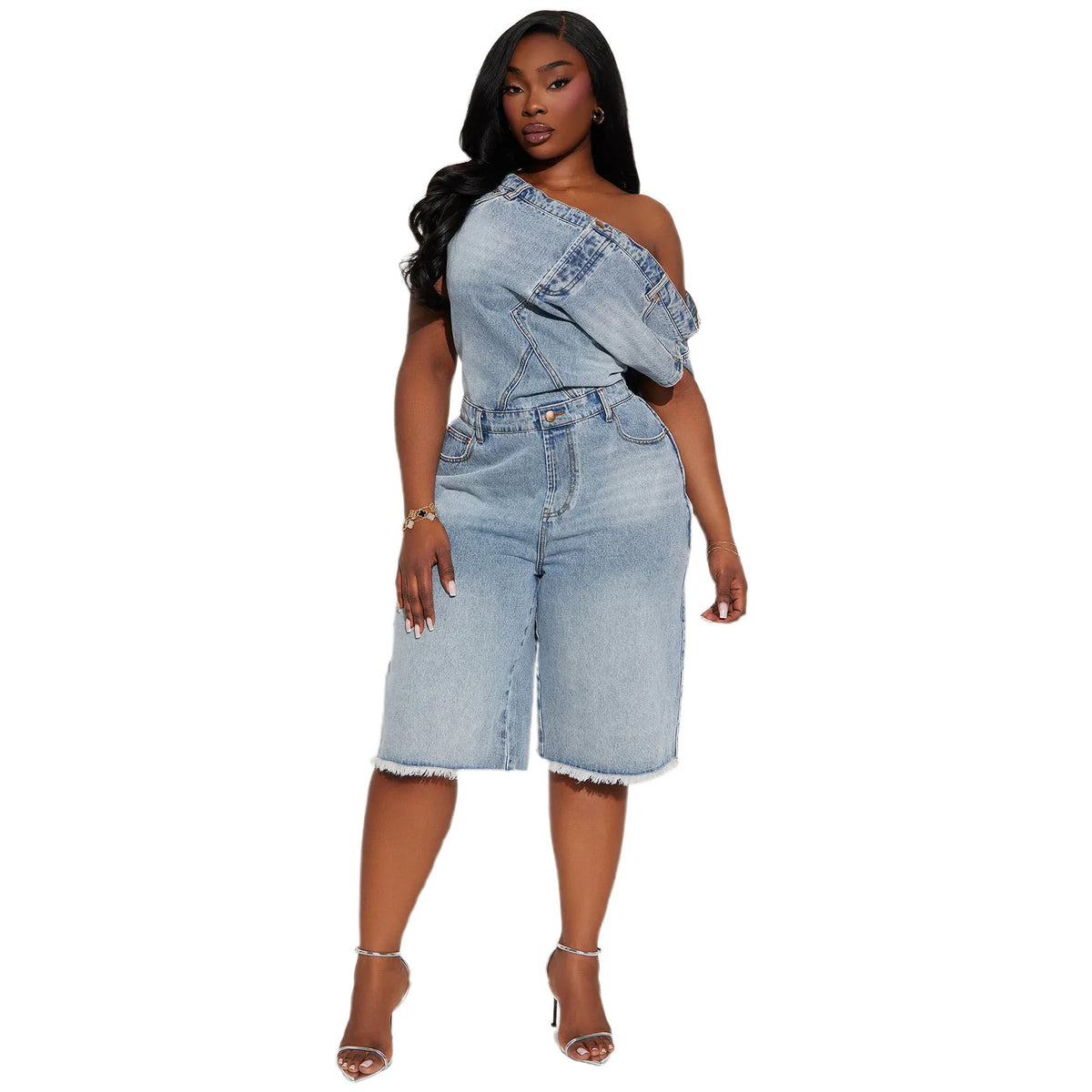 Jumpsuits Women Denim One Piece Short Sleeve Overalls Knee Length Pants Tight Waist Rompers Y2k Streetwear Slash Neck 2026