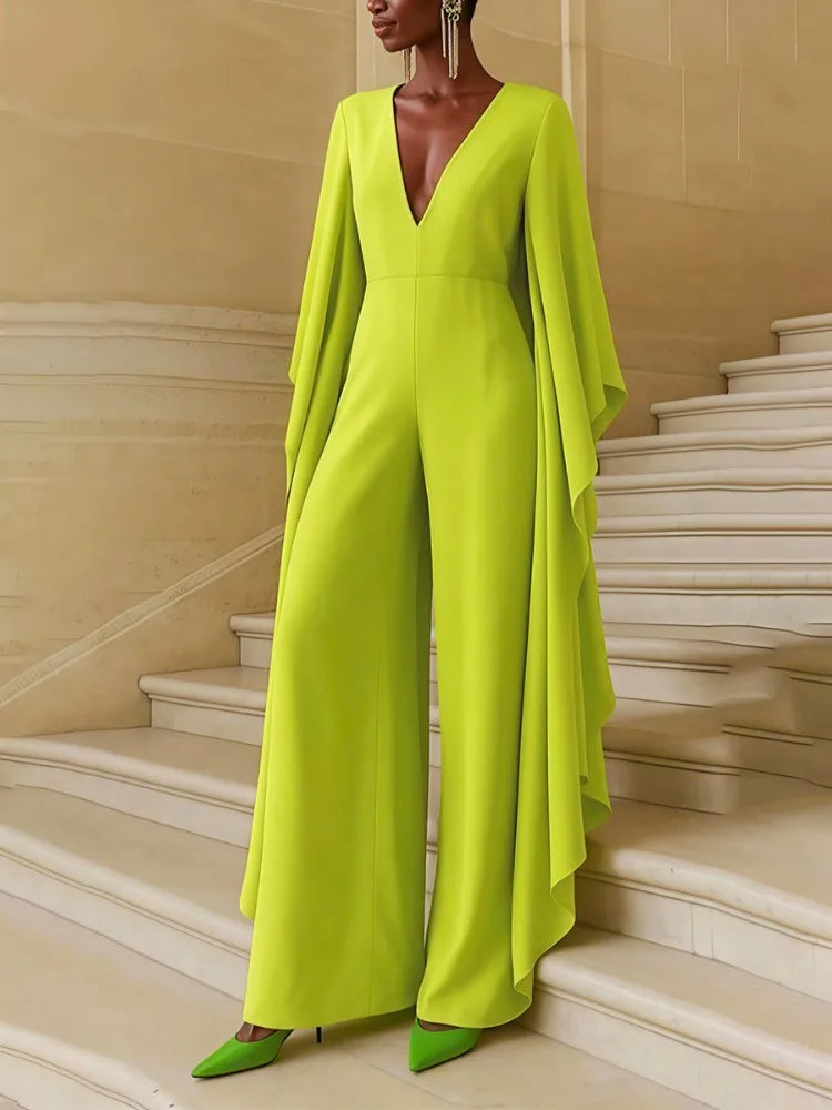 UOOZEE Women's Elegant Solid Color Deep V-Neck Party Jumpsuits 2026 New Flared Sleeve Loose High Waisted Wide Leg Evening Romper