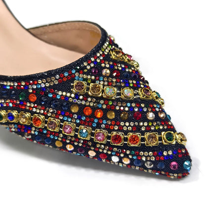 2025 Shiny Italian Fashion Pointed Toe Women Heel Fashion Rhinestone Decoration Fuchsia Color Shoes And Bag Set