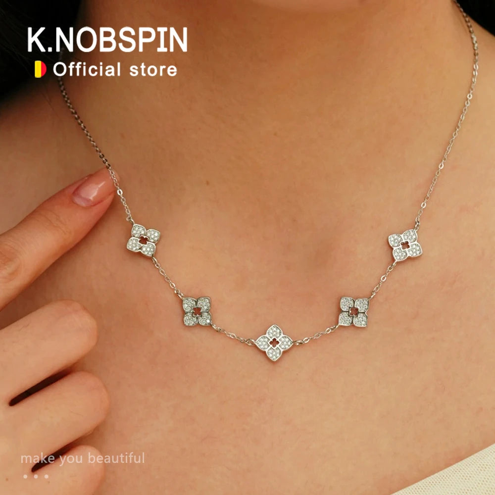 KNOBSPIN Full Moissanite Clover Necklace s925 Sterling Silver Chain Necklaces for Women Hypoallergenic Fine Jewelry Gift