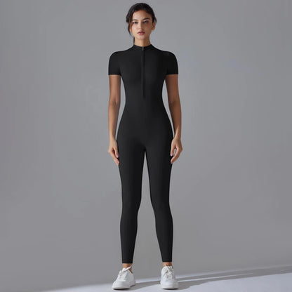 Womens Jumpsuits Short Sleeve Yoga Slim Fit Stretch One Piece Romper Sexy Fitness Female Basic Sportwears Black Zipper Ladies