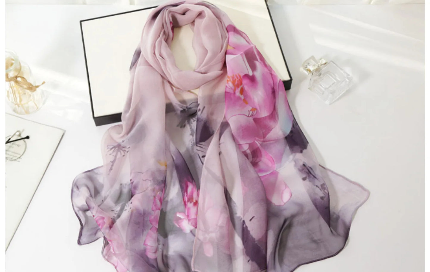 Ink Painting Lotus Summer Beach Sun Protection Chiffon Georgette Scarf Women Foulard Shawl Bandana Elegant Thin Breathable