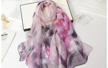 Ink Painting Lotus Summer Beach Sun Protection Chiffon Georgette Scarf Women Foulard Shawl Bandana Elegant Thin Breathable