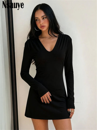 Nsauye Women's Casual Long Sleeve V Neck Slim Dress Women Clothing Elegant Shoulder Pads Short Dresses Vestidos