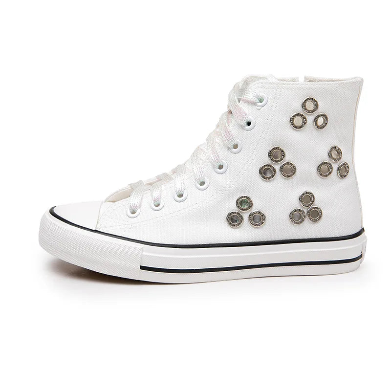 Breathable Hollow Canvas Short Boots Summer Women Black Casual Shoes Punk Rivet Flat Bottomed Shoes 2CM Woman High top Sneakers