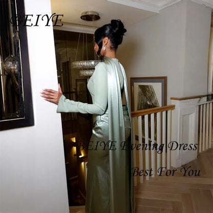 BEIYE Vintage Green Satin Long Sleeves Sheath Women's Formal Evening Gowns 2026 O-Neck Prom Dress Pleat Party Gown Customized