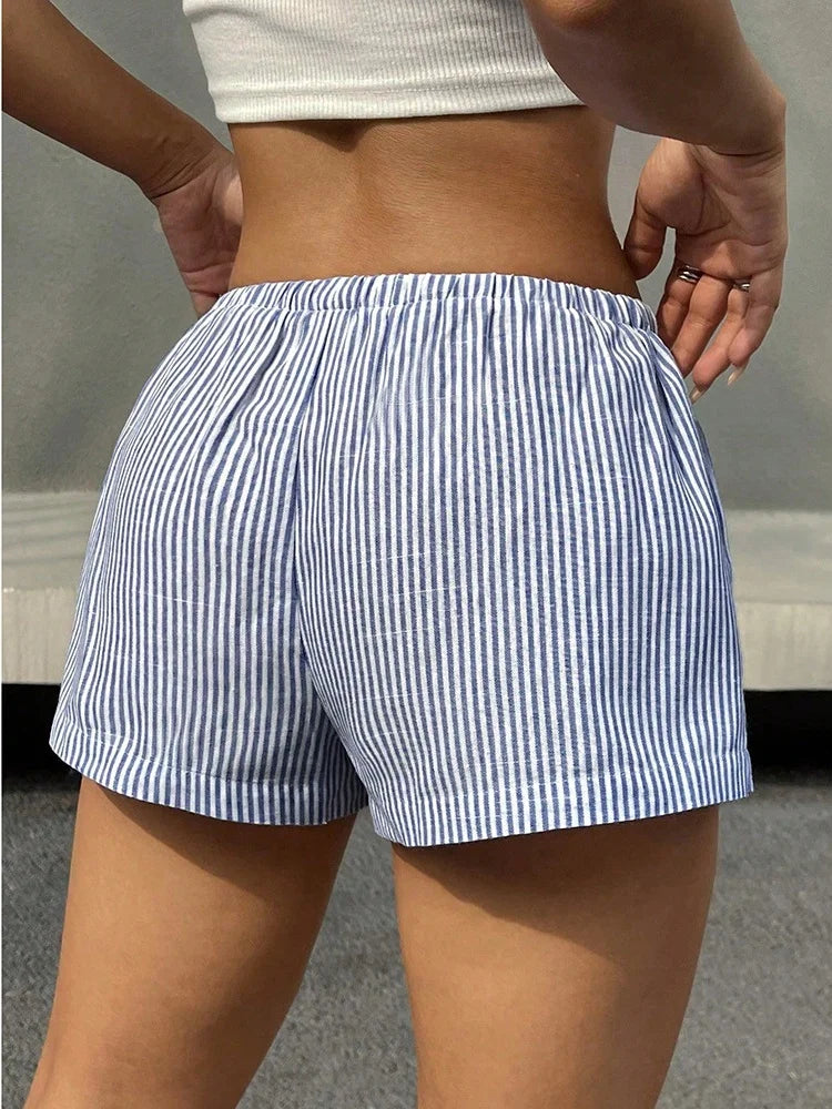 Elegant Beach Party Club Shorts Fashion Women Striped 2026 New Summer Drawstring Pocket Short Pant Casual Loose Wide Leg Pants
