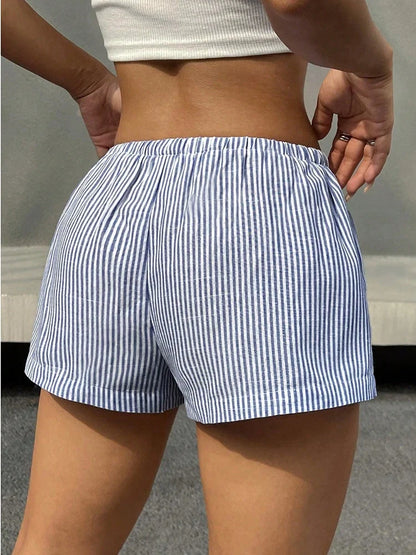 Elegant Beach Party Club Shorts Fashion Women Striped 2026 New Summer Drawstring Pocket Short Pant Casual Loose Wide Leg Pants