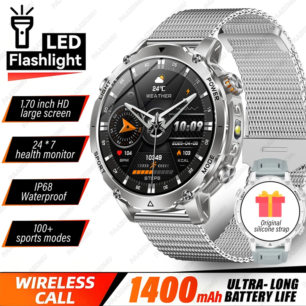 Brand+1400mAh Big Battery Smartwatch Men 1.7" AMOLED 200-Day Standby Swim Diving Waterproof GPS Military Tactical SOS 100 Sports