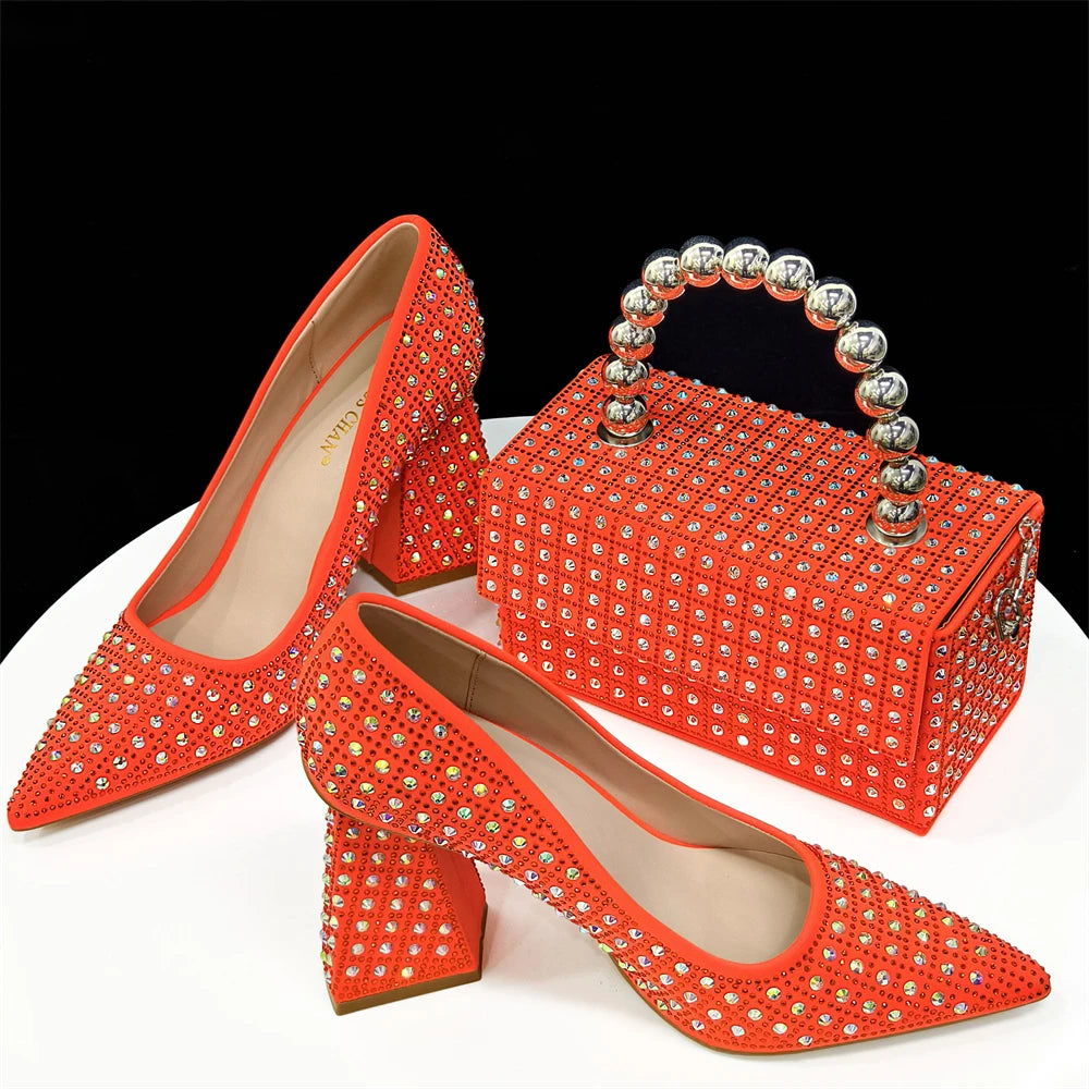 Venus Chan-Nigerian Heel Party for Women Yellow Shoes and Bag Set Rhinestone Handbag Italian Design Wedding INS 2024