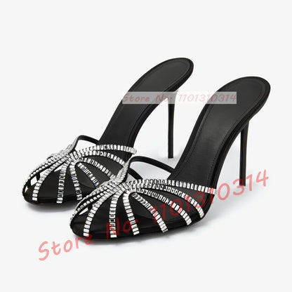 Gemstone High Heel Silk Slippers Women Luxury Caged Stiletto Heels Metallic Slippers Ladies Stylish Cross Strap Summer Shoes
