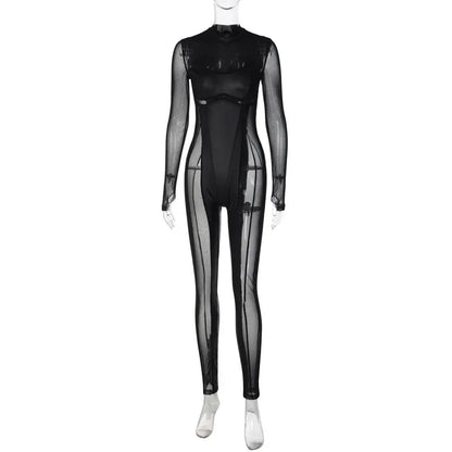 Black Mesh Sheer Bodycon Jumpsuit for Women 2024 Sexy Clubbing Outfits Gothic Punk Black One Piece Techwear C70-EC27