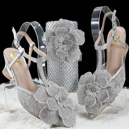 Doershow African Wedding fashion Shoes and Bag Set silver Italian Shoes with Matching Bags Nigerian Women party!   SL1-1