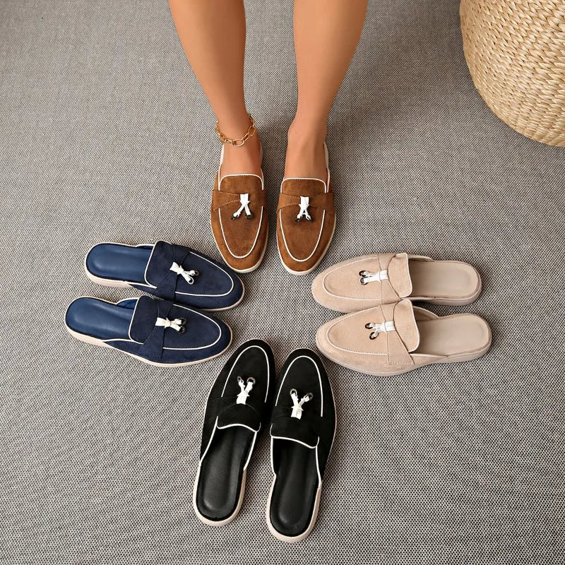 Four Seasons Women Suede Tassel Decor Backless Mule Loafers Non-Slip Flat Sole Slip-On Office Work Daily Casual Walking Shoes