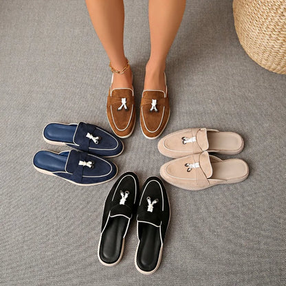 Four Seasons Women Suede Tassel Decor Backless Mule Loafers Non-Slip Flat Sole Slip-On Office Work Daily Casual Walking Shoes